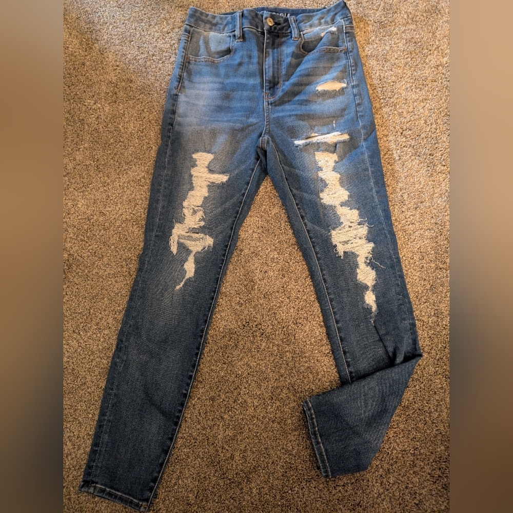 EUC American Eagle Outfitters Distressed High-Rise Blue Jeggings Size 8